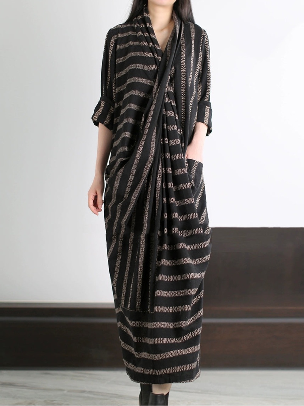 BUYKUD Striped V Neck Maxi Striped dress